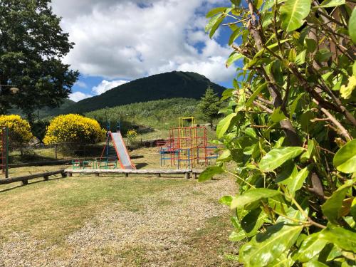 a park with a playground with a hill in the background at Hotel Pietrapanna in Calvello