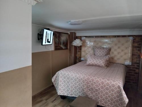 a bedroom with a bed with a pink bedspread at Dante Guest house in Alberton