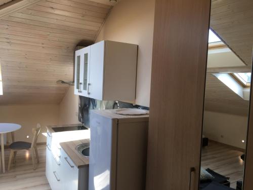 a kitchen with a white refrigerator and a sink at Domina in Vilnius