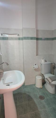 a bathroom with a sink and a toilet at Artemis Hotel in Amarinthos