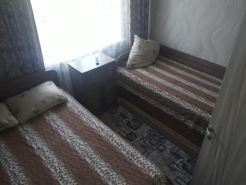 ジヴェエヴォにあるДвухкомнатная квартираの窓際にベッド2台が備わる客室です。
