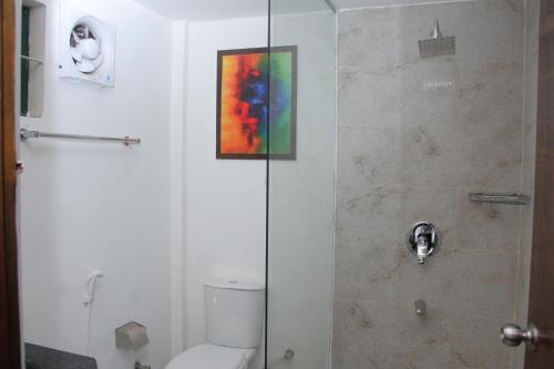ein Badezimmer mit einer Dusche, einem WC und einem Gemälde in der Unterkunft Hotel Zakaria International in Dhaka