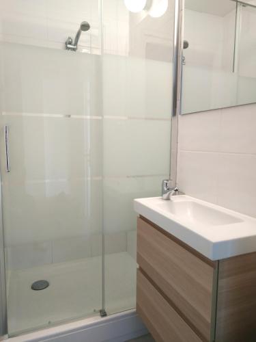 a bathroom with a glass shower and a sink at Sea view & Beach Studio Apartment - Blue Horizon in Dunkerque