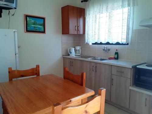 a kitchen with a wooden table and a sink and a table and chairs at Athanasios Tsoumas Apartments in Kastrosikia