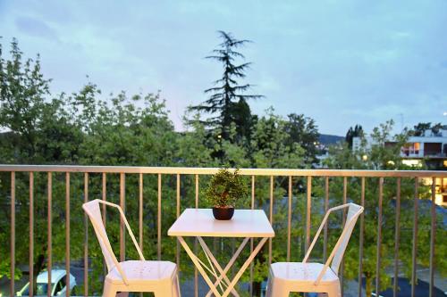 a table and two chairs with a potted plant on a balcony at F1 entier Cosy style ASIATIQUE Montgeron, Proche Paris in Montgeron