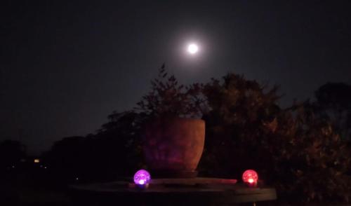 a vase with lights on a table at night at Huaranjapo in El Carmen
