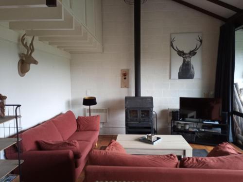 a living room with a red couch and a fireplace at vakantieverblijf Nature in Stavelot