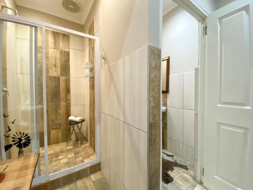 a bathroom with a shower and a glass door at De Akker Guest House Oudtshoorn in Oudtshoorn