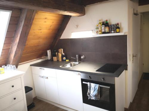 cocina pequeña con fregadero y fogones en Appartement 1856 en Landsberg am Lech