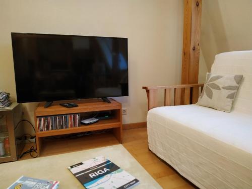 a living room with a flat screen tv and a bed at Sunlit Loft Apartment Riga in Rīga