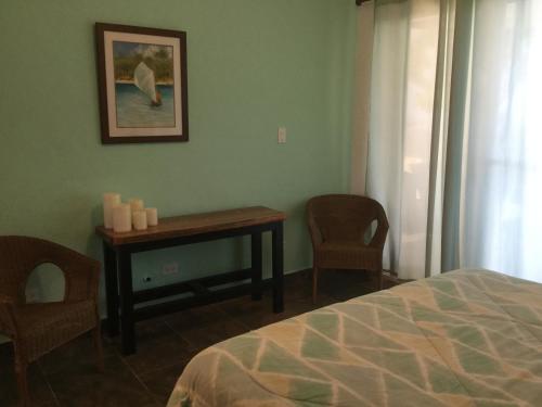 a bedroom with a table and chairs and a bed at Hawk's Nest Bed & Breakfast in La Laguna de San Carlos