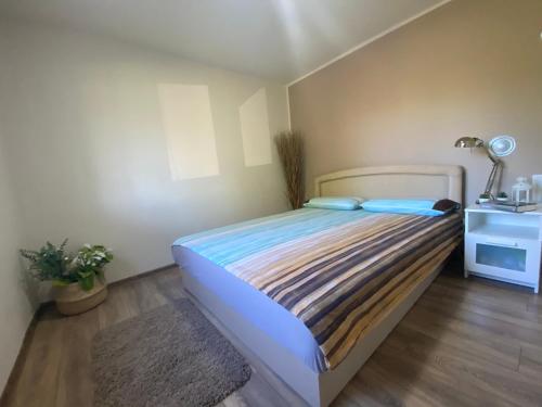 a bedroom with a bed with a lamp and a rug at Vila Novaković in Kladovo