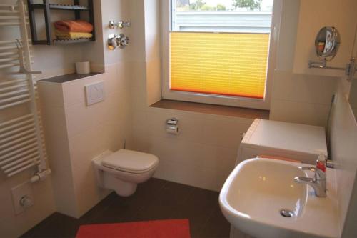 een badkamer met een wastafel, een toilet en een raam bij FeWo Am See 15A in Klein Wittensee