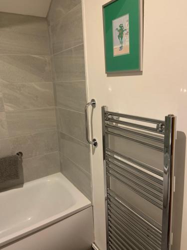 a bathroom with a shower and a tub and a toilet at Kingfisher Cottage at Duffryn Mawr Cottages in Hensol