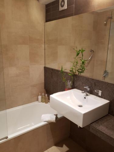 a bathroom with a white sink and a bath tub at Studio FR Palermo Hollywood in Buenos Aires