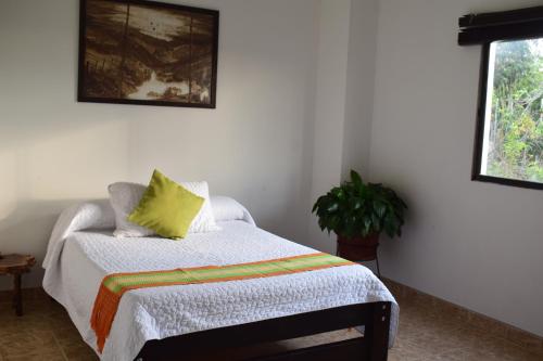 a bedroom with a bed with a green pillow on it at Balcones del Ayer in Salento