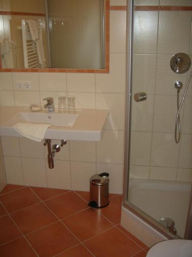 a bathroom with a sink and a shower at Aparthotel Tyrol in Lermoos
