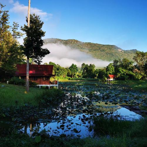 a pond with lily pads in front of a building at River Kwai Park & Resort in Chongsadao