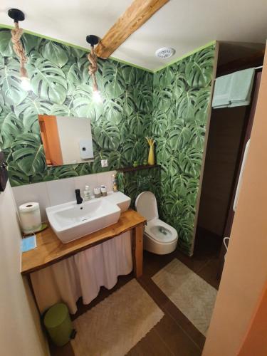 a bathroom with a sink and green leafy wallpaper at Siedlisko Odpoczynkowo in Nowosiółki