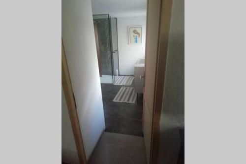a hallway with a door leading to a bathroom at petite maison de ville toute équipée in Château-Renard