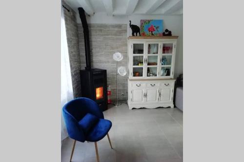 uma sala de estar com uma cadeira azul e uma lareira em petite maison de ville toute équipée em Château-Renard