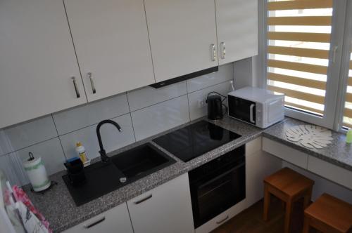 a kitchen with a sink and a microwave at Apartament Sierakowskiego in Sanok