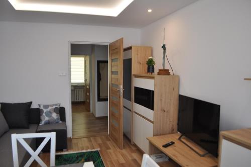 a living room with a couch and a tv at Apartament Sierakowskiego in Sanok