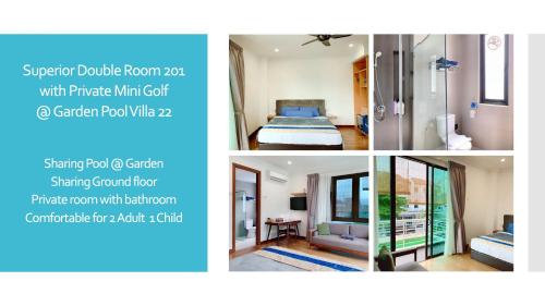a collage of four pictures of a room at HUPO Guest Room in Batu Ferringhi