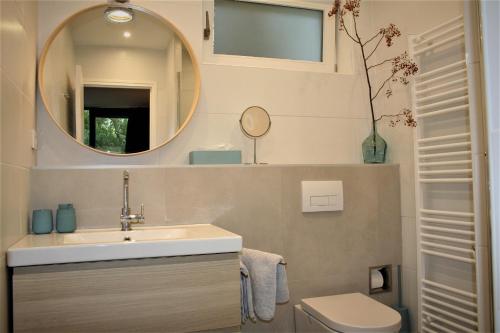 a bathroom with a sink and a mirror and a toilet at B&B behind the tree in Hoofddorp