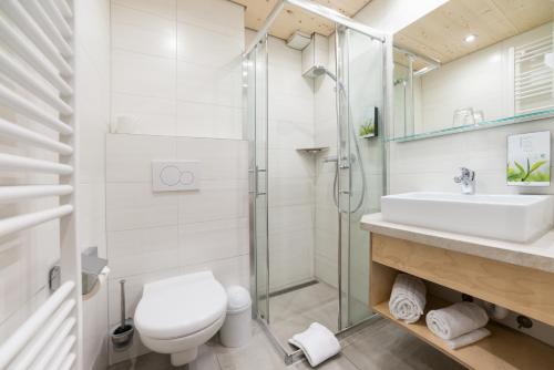 a bathroom with a toilet and a sink and a shower at Wellnesshotel Sonnenhof & Sonnhalde in Ühlingen-Birkendorf