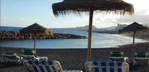 a group of chairs and umbrellas on a beach at THE POPPIES Guest House - 100m Ocean - Private Spaces in Candelaria