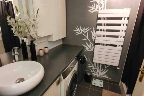 a bathroom with a sink and a washing machine at Tichnich Apartement - 2 bedrooms in Annemasse
