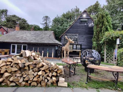 a giraffe standing next to a pile of fire wood at The Red Lion & Cellar Room, Betchworth in Betchworth