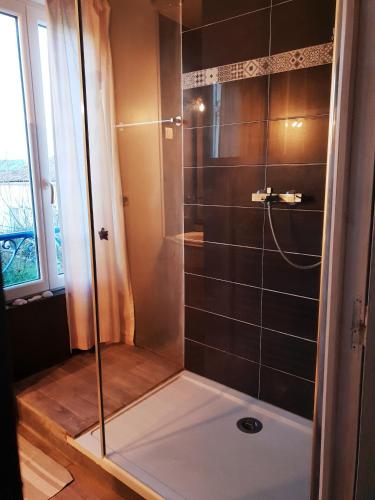 une douche avec une porte vitrée dans une salle de bain dans l'établissement Grande maison charentaise avec vue sur le chenal superbes couchés de soleil sur l estuaire de la gironde!, à Mortagne-sur-Gironde