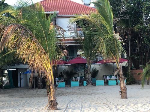 a hotel on the beach with two palm trees at La Gaviota B1 in Juan Dolio
