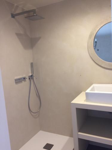 W łazience znajduje się prysznic i umywalka. w obiekcie La Maison d'Arc w mieście Frasnes-lez-Anvaing