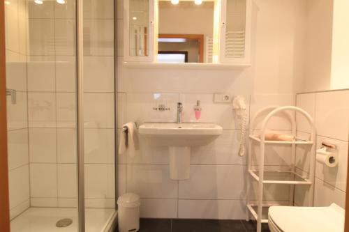 ein Bad mit einem Waschbecken und einer Dusche in der Unterkunft Pension zur Weinlaube in Bornheim