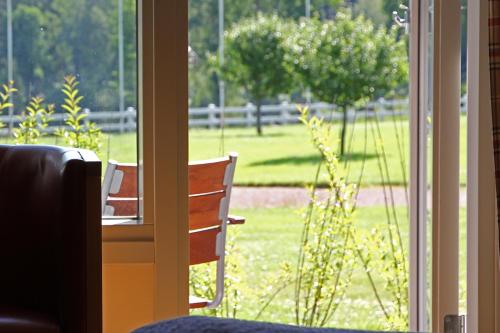 a view of a yard from a window with a bench at Hestraviken Hotell & Spa in Hestra