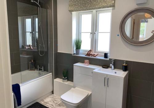 a bathroom with a sink toilet and a mirror at Trevena in Tintagel