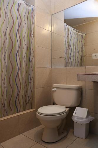 a bathroom with a toilet and a shower curtain at Hotel Alpamayo Guest House in Huaraz