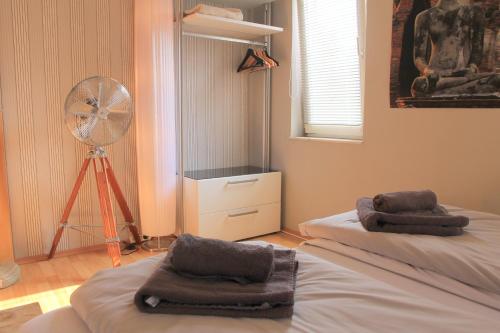a bedroom with two beds and a fan at ruhige gemütliche 2Z-Whg in S-West in Stuttgart