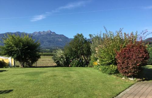 a garden with a view of mountains in the background at Appartements Panorama Schlössl in Velden am Wörthersee
