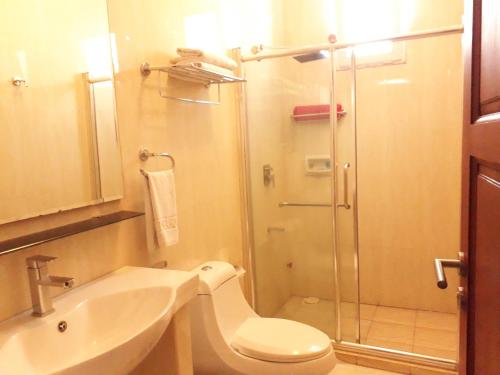 a bathroom with a shower and a toilet and a sink at Chelsea Hotel in Dar es Salaam