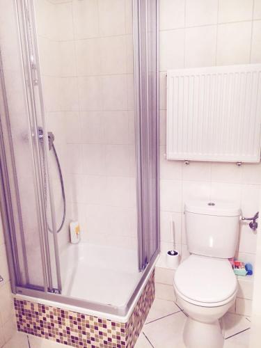 uma casa de banho com um chuveiro, um WC e uma banheira em Cozy Studio Apart - King Bed - Netflix - Projector - Fast Wi-Fi em Luxemburgo