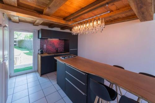 une cuisine avec un comptoir et un lustre dans l'établissement 