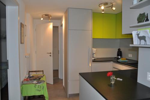 uma cozinha com armários verdes e brancos e uma mesa em La Ruche em Tramelan
