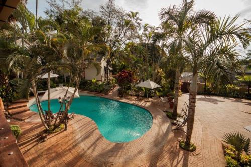 a swimming pool with palm trees in front of a house at Tamboti Lodge Guest House in Tzaneen