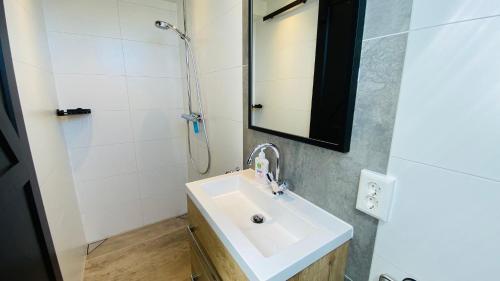 uma casa de banho com um lavatório e um chuveiro em Studio Burg.bosselaarstraat em Aagtekerke