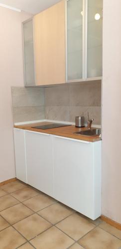 a kitchen with white cabinets and a sink at Bacchus - helles und geräumiges Appartement am Rande von Mainz in Mainz
