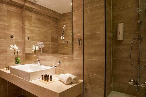 a bathroom with a sink and a shower at Delfinia Hotel in Moraitika